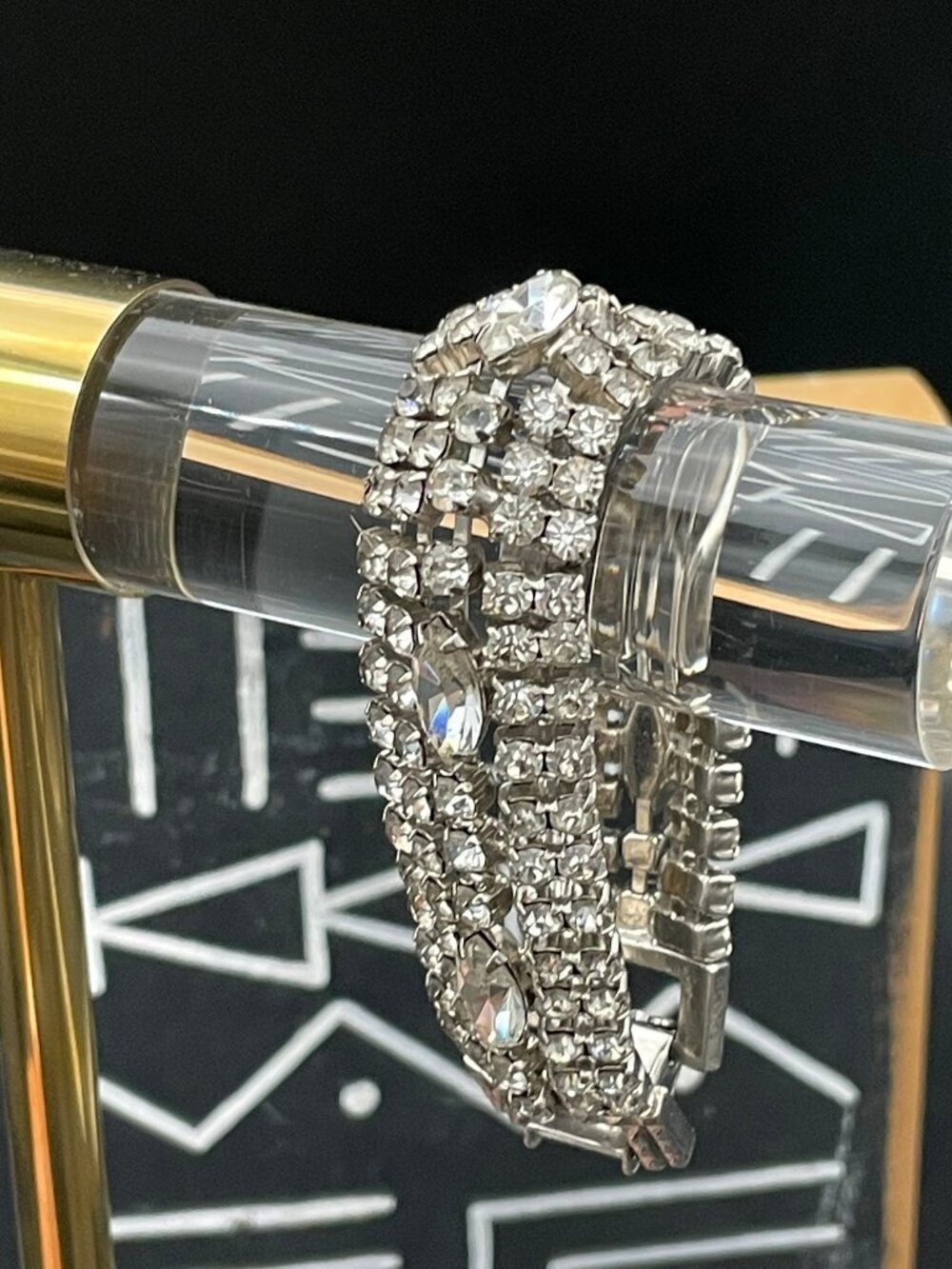Vintage Wide Rhinestone Bracelet Navette Crystal Silver Tone Statement